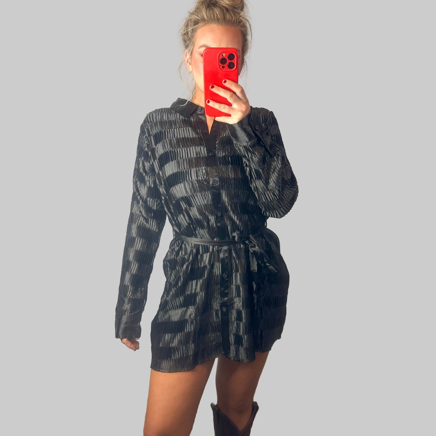 Black Checkered Long Sleeve Dress